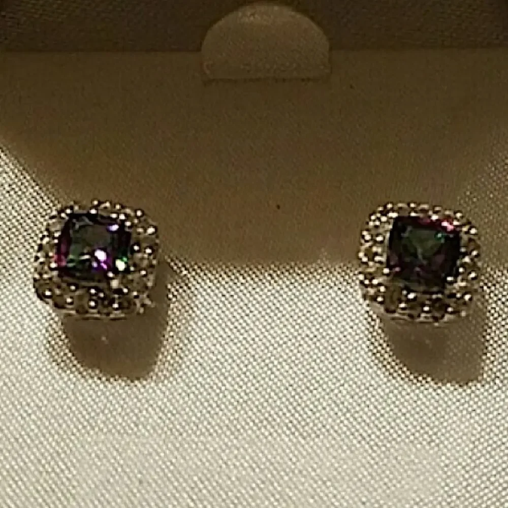 Mystic Fire Topaz Stud Earrings, Square, Princess Cut - Picture 7 of 10